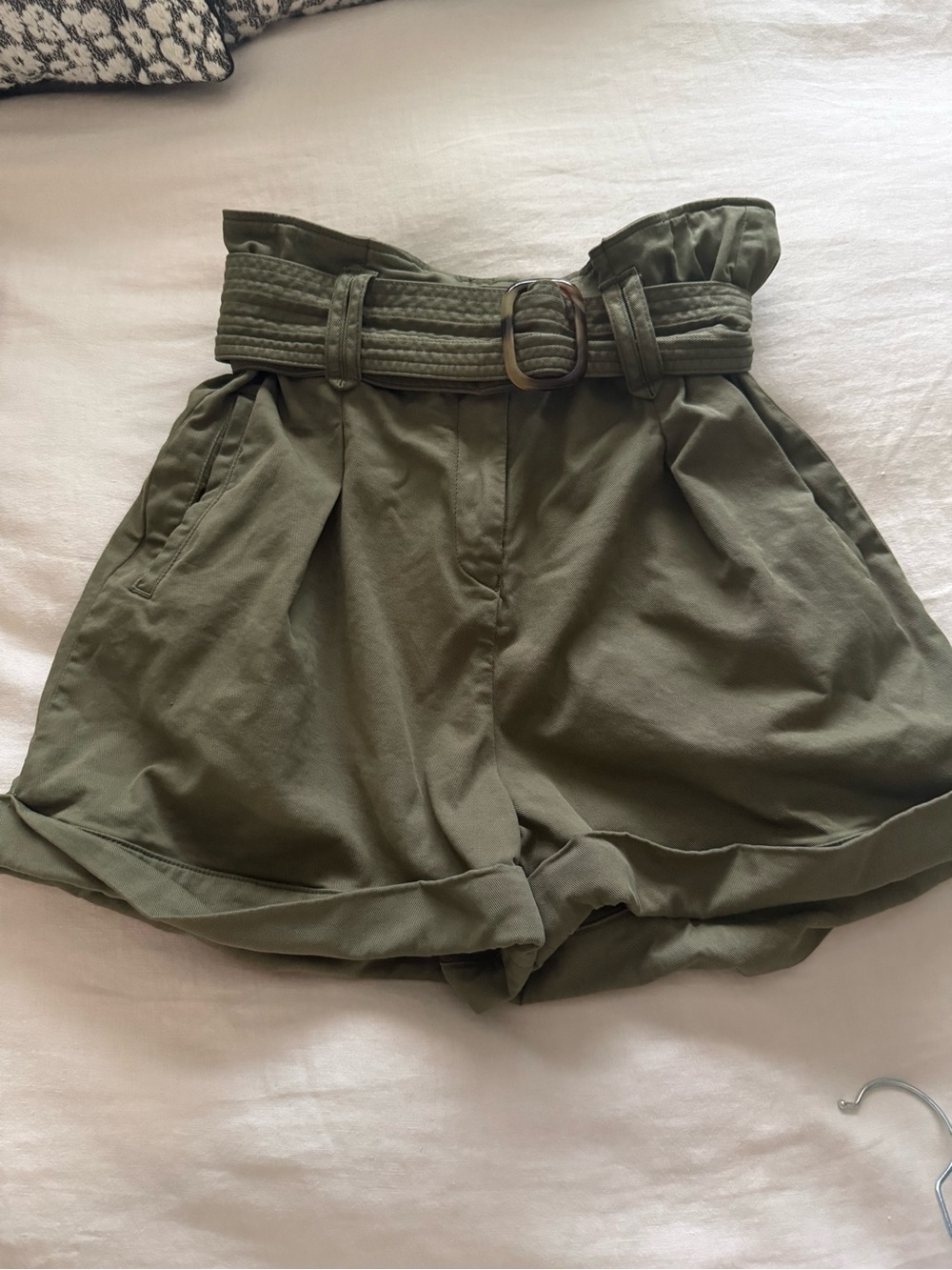 Sezane High-Waist Paperbag Shorts in Olive